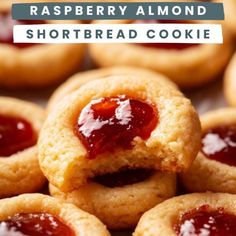 raspberry almond shortbread cookies are stacked on top of each other with the words,