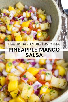 pineapple mango salsa in a bowl with the title above it and an image of two pictures