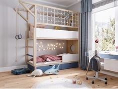 a child's bedroom with a bunk bed and desk in the corner, next to a window