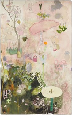 an abstract painting with flowers and plants in the foreground, on a pink background