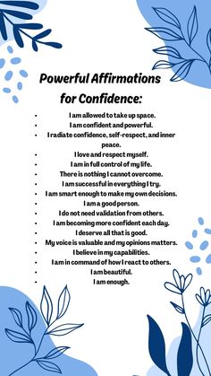 a blue and white poster with the words powerful affirmationss for confidence on it