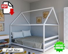 the bed is made up with a white frame and has a canopy over it, which can be used as a night stand