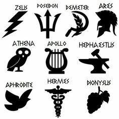 the symbols of ancient greek and roman writing, with their names in black on white