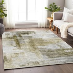 a living room with a large rug on the floor and a window in the background