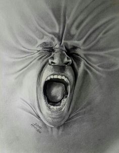 a pencil drawing of an angry man with his mouth open