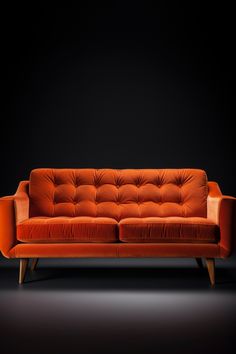 an orange couch sitting on top of a black floor in front of a dark wall