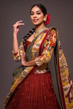 Maroon lehenga featuring hand painted kalamkari patterns with humans and animals. Paired with a padded blouse and a printed dupatta with contrast borders., Fit: Relaxed Cape Lehenga, Kurta Lehenga, Maroon Blouse, Lehenga Pattern, Lehenga Skirt, Fashion App, Bridal Lehenga, Embroidered Blouse, Three Quarter Sleeves