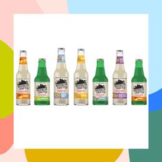 six bottles of various flavored beverages in front of a multicolored geometric background