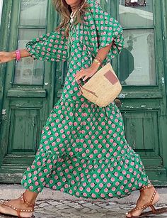 Women's Swing Dress Maxi long Dress Green Long Sleeve Floral Print Summer V Neck Casual 2022 S M L XL Bohemian Dresses Long, Loose Maxi Dress, Moda Chic, Womens Fall Dress, Tiered Midi Dress, Styl Boho, Maxi Dress Green, Boho Maxi, Puffed Sleeves Dress