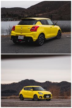 two pictures of the back and side of a yellow car