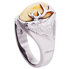 The North American elk has a unique pair of canines called buglers, whistlers or tusks. Rare and beautiful, this unique ivory is showcased on this sterling silver ring. A silver elk's head with antlers adorns one side of the ivory. Ring measures 1/8" at shank and the top design is 5/8"H x 9/16"W. Includes a wooden box. Women's whole sizes: 6-10. Elk Ivory Ring, Elk Ivory, Elk Head, Ivory Ring, Head Ring, Top Design, Good Brands, Antlers, Outdoor Gear