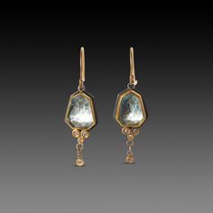 Luminous sky blue topaz gems are wrapped in warm 22k gold, and accented with trios of sparkling white diamonds. A single diamond drop adds a wonderful movement when worn. Wonderful for a special occasion or just to brighten every day. 22k bezels with silver backing. Earrings hang approximately 1 inch. Matte finish. Silversmithing Jewelry, Sky Blue Topaz, Diamond Drops, 22k Gold, White Diamonds, Diamond White, Blue Topaz, Sky Blue, Special Events