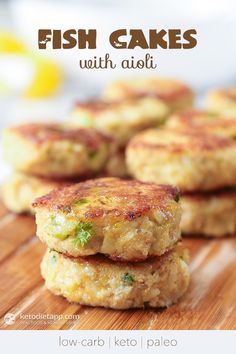 fish cakes with aioli on a cutting board