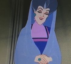 an animated image of a woman with blue hair wearing a purple dress and holding her hands on her chest