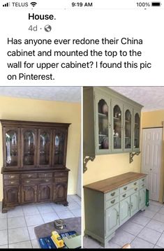 two pictures of an old china cabinet with glass doors and wood top in the middle