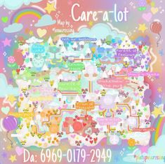 a poster with the words care and lots of things to see on it in different colors