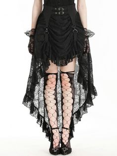 Black Gothic Retro Buckled Belt Floral Lace High-Low Skirt - Devilnight.co.uk Evil Disney, Dark In Love, Maxi Lace Skirt, Evening Skirts, Period Outfit