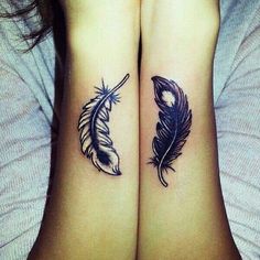 two people with matching tattoos on their arms, one has a feather and the other has a star