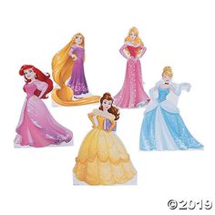 disney princess paper dolls are shown in four different colors