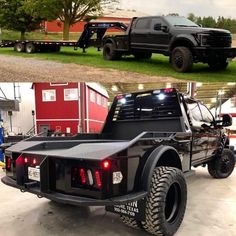 there are two pictures of the back of a truck with its lights on, and another photo of an off road vehicle