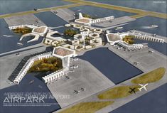 an artist's rendering of the airport with water surrounding it