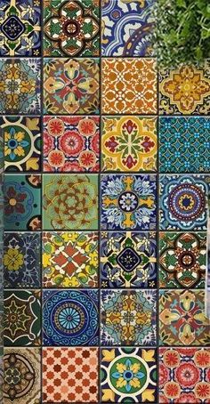 colorful tiles are arranged in the shape of squares and circles, all with different colors