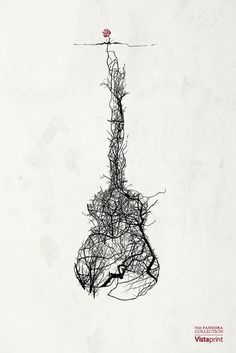 a black and white drawing of a guitar hanging from a wire with a red flower on it