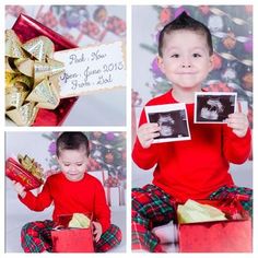 a little boy sitting in front of a christmas tree holding up pictures and presents for him