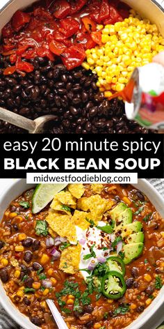 black bean soup in a white bowl with corn and avocado on the side