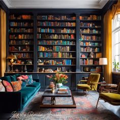 a living room filled with lots of furniture and bookshelves covered in colorful books