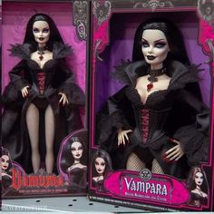 two dolls are shown in the same box as they appear to be wearing gothic clothing