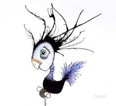 a drawing of a bird with feathers on it's head and eyeball in its beak