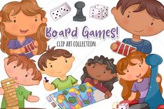 a group of children playing board games with the words board games in front of them