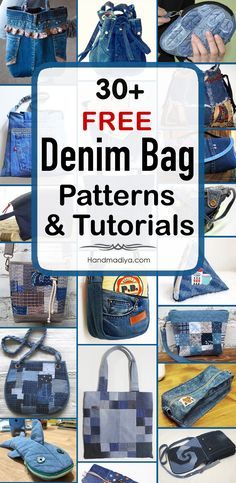 denim bags and purses with text overlay that says, 30 free denim bag patterns and