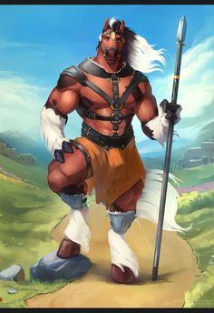 a cartoon character holding a spear and standing on a hill