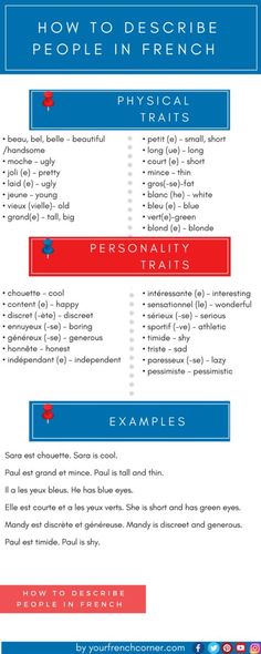 a blue and red poster with the words how to describe people in french on it