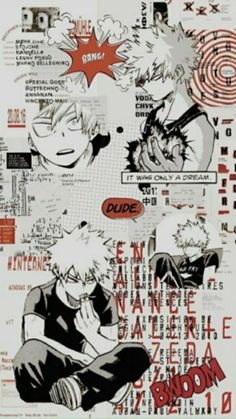 an image of anime character collages in black and white, with red accents