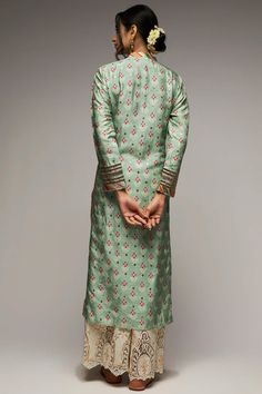 Gopi Vaid | Mint Green Kurta And Palazzo | INDIASPOPUP.COM Festive Silk Kurta With Printed Motifs, Festive Straight Kurta Palazzo Set With Printed Motifs, Embroidered Long Sleeve Palazzo Set For Diwali, Long Sleeve Bollywood Sharara For Transitional Season, Silk Palazzo Set With Chikankari Embroidery And Long Sleeves, Semi-stitched Chanderi Sherwani With Long Sleeves, Chanderi Palazzo Set With Resham Embroidery And Long Sleeves, Silk Long Sleeve Palazzo Set With Chikankari Embroidery, Festive Printed Palazzo Set