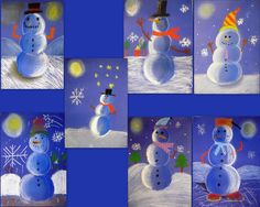 six pictures of snowmen with hats and scarves