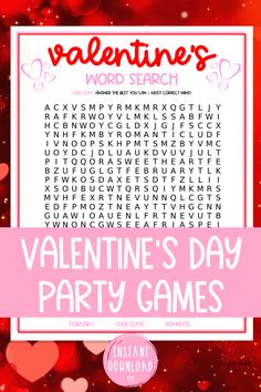 valentine's day party word search game with hearts on red and pink boke