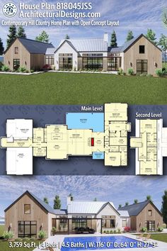 two story house plan with open floor plans and garages on each side, surrounded by trees