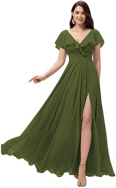 These olive green bridesmaid dresses feature                      v neckline with ruffles, pleated bodice, a figure-flattering empire waistline and flowy full length skirt with split complete the look. You will receive many compliments on this. Womens Bridesmaid Dresses, Bridesmaid Dresses Long, Bridesmaid Dresses With Sleeves, Chiffon Dress Long, Prom Dresses For Teens, Ladies Gown, فستان سهرة