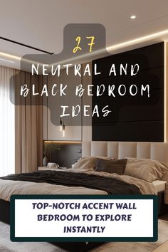 a bed room with a neatly made bed and black and white decor on the walls