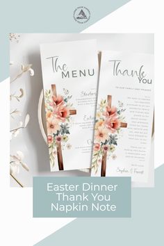 easter dinner thank you napkins with the words, the menu and cross on them