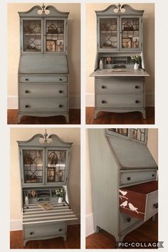 four pictures of an old dresser with glass doors