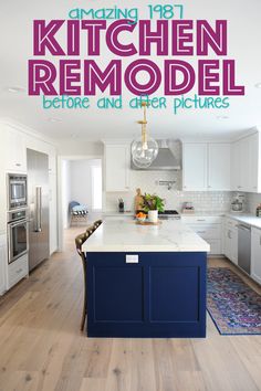 the kitchen remodel before and after pictures is featured in this magazine, with blue cabinets