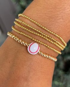 Our beaded bracelets are the perfect combination of fun and class.  After all, life is too short to be boring!  Add our Baseball Bracelet to your collection.  They make a perfect gift for your captain or teammates! Features: -elastic stretch band -18K Gold plated brass beads(4mm) -6 inches around  -tennis ball Baseball Bracelet