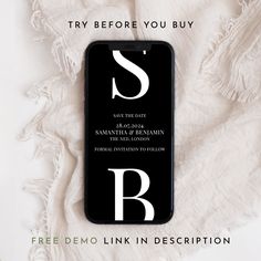 a phone with the letter s on it sitting next to a white blanket that says, try before you buy