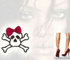 an image of a woman with skull and crossbones on her head wearing high heels