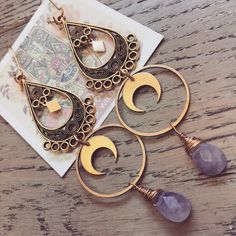 Hippie Modern, Witchy Earrings, Fancy Accessories, Witchy Jewelry, Hippie Jewelry, Gold Geometric, Amethyst Earrings, Moon Earrings, Fantasy Jewelry